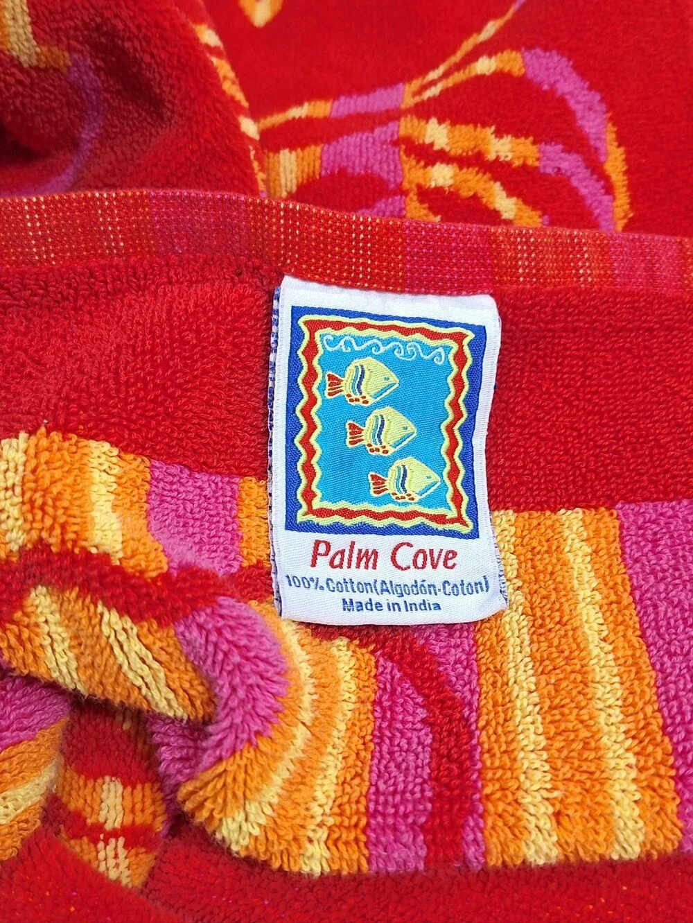 Vtg 90s Palm Cove Lobster Beach Towel Red Orange Pink Ocean 57x30 Inch Retro